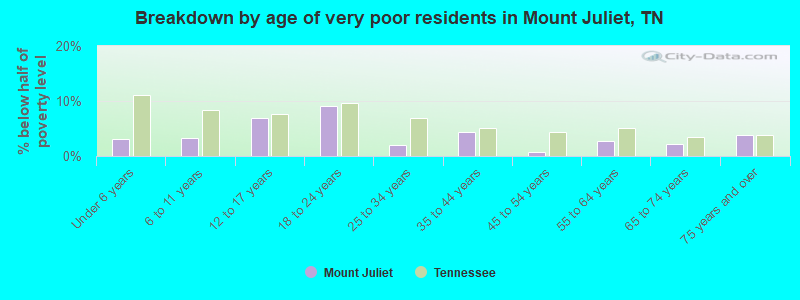 Breakdown by age of very poor residents in Mount Juliet, TN