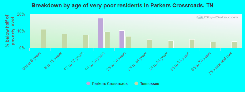 Breakdown by age of very poor residents in Parkers Crossroads, TN