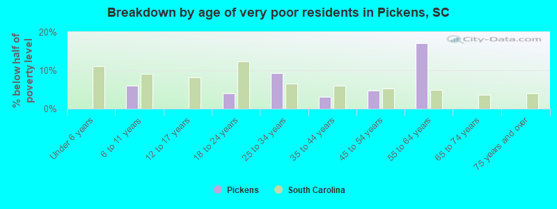 Breakdown by age of very poor residents in Pickens, SC