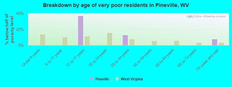 Breakdown by age of very poor residents in Pineville, WV
