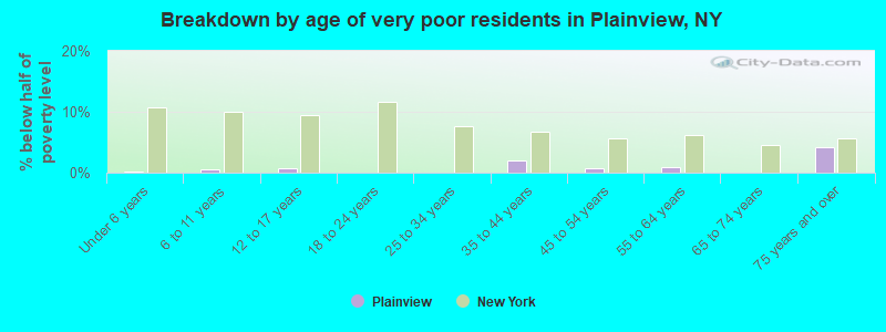 Breakdown by age of very poor residents in Plainview, NY