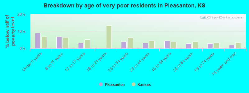 Breakdown by age of very poor residents in Pleasanton, KS
