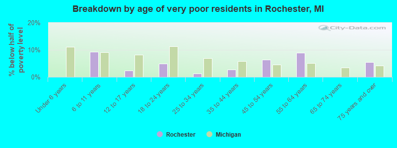 Breakdown by age of very poor residents in Rochester, MI