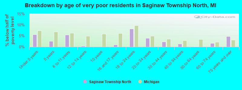 Breakdown by age of very poor residents in Saginaw Township North, MI