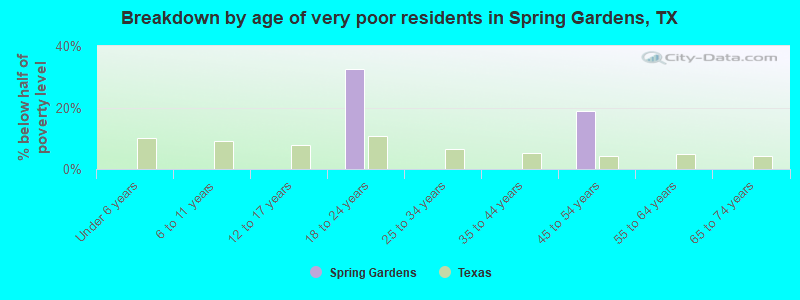 Breakdown by age of very poor residents in Spring Gardens, TX