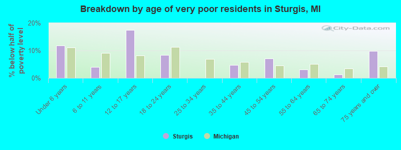 Breakdown by age of very poor residents in Sturgis, MI