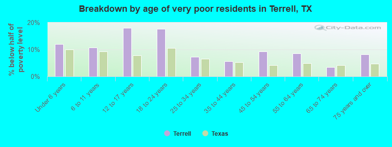 Breakdown by age of very poor residents in Terrell, TX