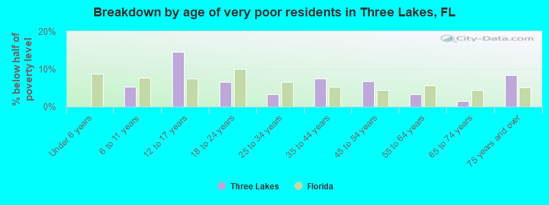 Breakdown by age of very poor residents in Three Lakes, FL