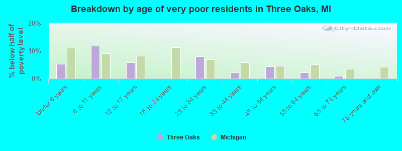 Breakdown by age of very poor residents in Three Oaks, MI