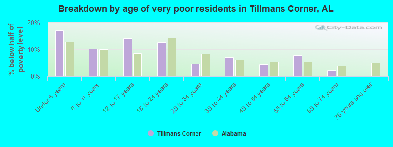Breakdown by age of very poor residents in Tillmans Corner, AL