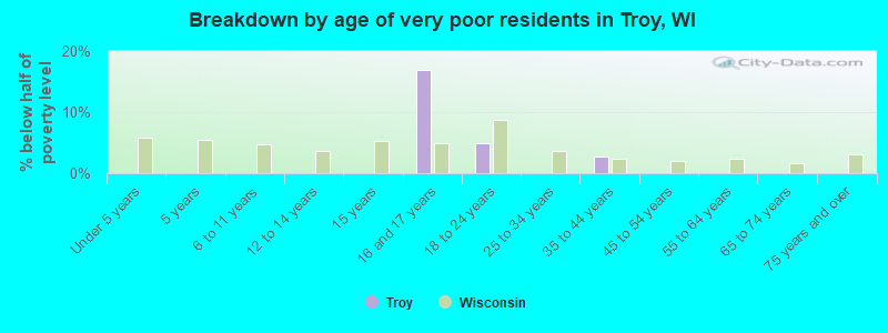 Breakdown by age of very poor residents in Troy, WI