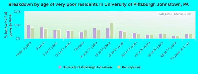 Breakdown by age of very poor residents in University of Pittsburgh Johnstown, PA