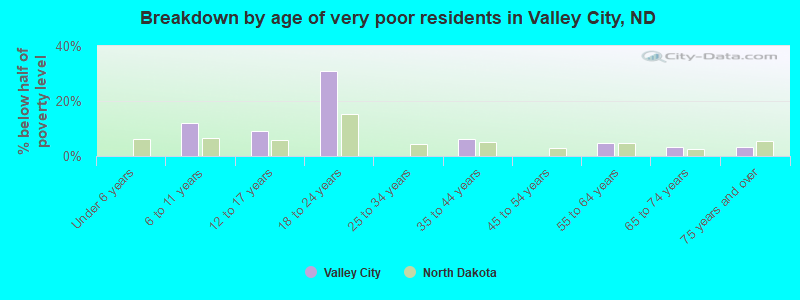 Breakdown by age of very poor residents in Valley City, ND