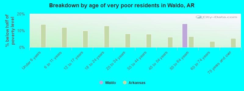 Breakdown by age of very poor residents in Waldo, AR