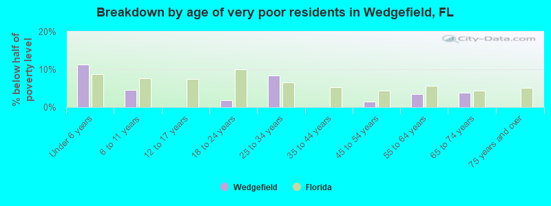 Breakdown by age of very poor residents in Wedgefield, FL