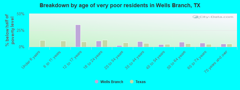 Breakdown by age of very poor residents in Wells Branch, TX