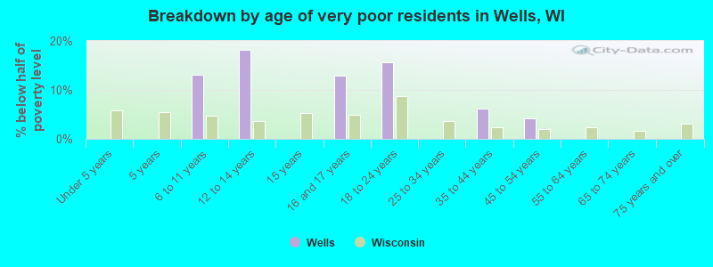 Breakdown by age of very poor residents in Wells, WI
