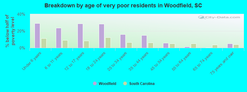 Breakdown by age of very poor residents in Woodfield, SC