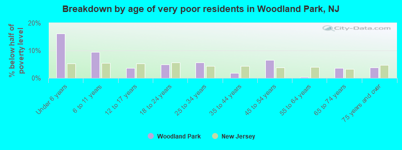 Breakdown by age of very poor residents in Woodland Park, NJ