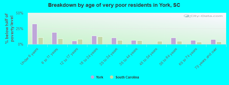 Breakdown by age of very poor residents in York, SC