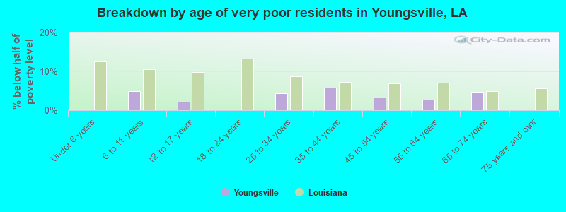 Breakdown by age of very poor residents in Youngsville, LA