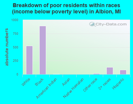Breakdown of poor residents within races (income below poverty level) in Albion, MI