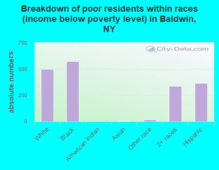 Breakdown of poor residents within races (income below poverty level) in Baldwin, NY