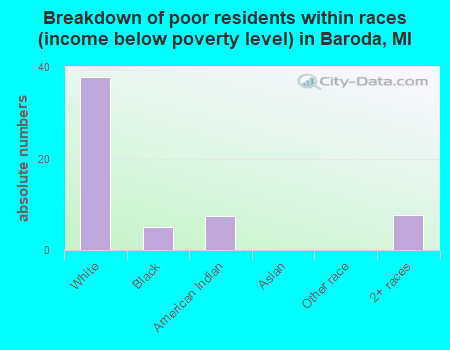 Breakdown of poor residents within races (income below poverty level) in Baroda, MI