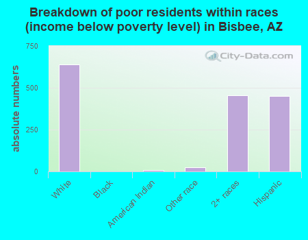 Breakdown of poor residents within races (income below poverty level) in Bisbee, AZ