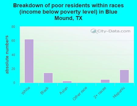 Breakdown of poor residents within races (income below poverty level) in Blue Mound, TX