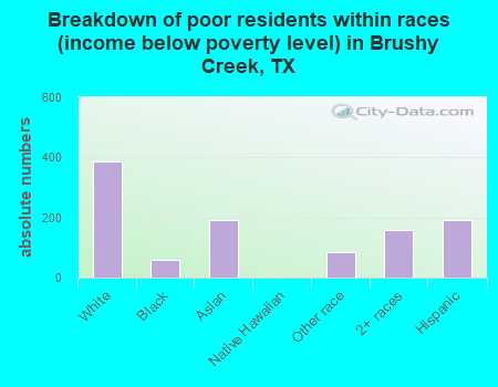 Breakdown of poor residents within races (income below poverty level) in Brushy Creek, TX