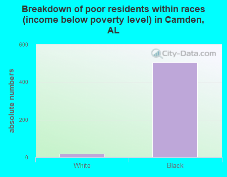 Breakdown of poor residents within races (income below poverty level) in Camden, AL