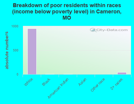 Breakdown of poor residents within races (income below poverty level) in Cameron, MO