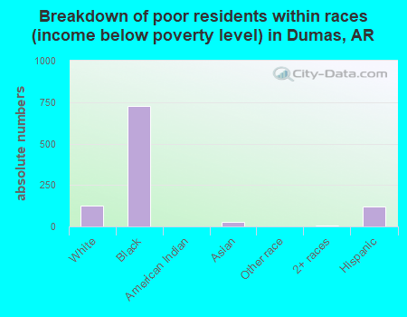 Breakdown of poor residents within races (income below poverty level) in Dumas, AR
