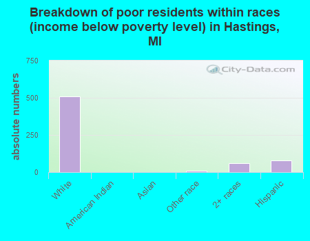 Breakdown of poor residents within races (income below poverty level) in Hastings, MI
