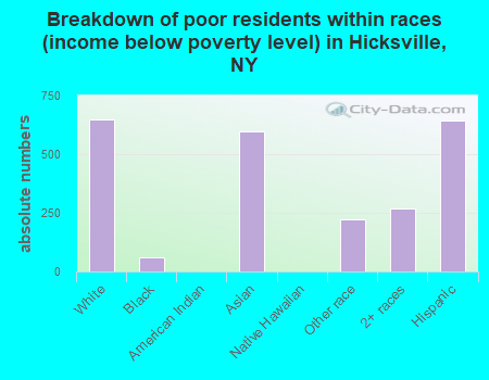 Breakdown of poor residents within races (income below poverty level) in Hicksville, NY