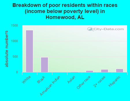 Breakdown of poor residents within races (income below poverty level) in Homewood, AL