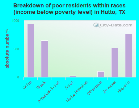Breakdown of poor residents within races (income below poverty level) in Hutto, TX