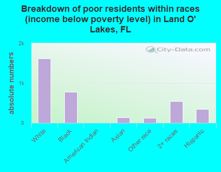 Breakdown of poor residents within races (income below poverty level) in Land O' Lakes, FL