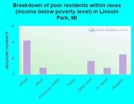 Breakdown of poor residents within races (income below poverty level) in Lincoln Park, MI