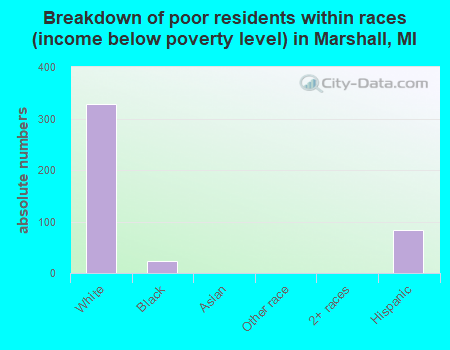 Breakdown of poor residents within races (income below poverty level) in Marshall, MI