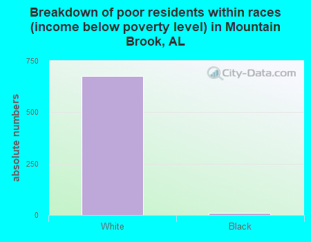 Breakdown of poor residents within races (income below poverty level) in Mountain Brook, AL