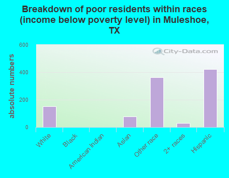 Breakdown of poor residents within races (income below poverty level) in Muleshoe, TX