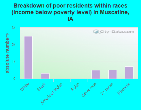 Breakdown of poor residents within races (income below poverty level) in Muscatine, IA