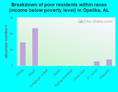 Breakdown of poor residents within races (income below poverty level) in Opelika, AL