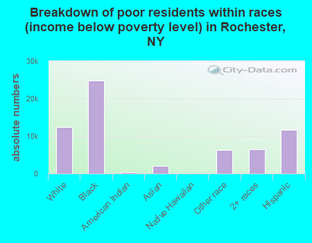 Breakdown of poor residents within races (income below poverty level) in Rochester, NY