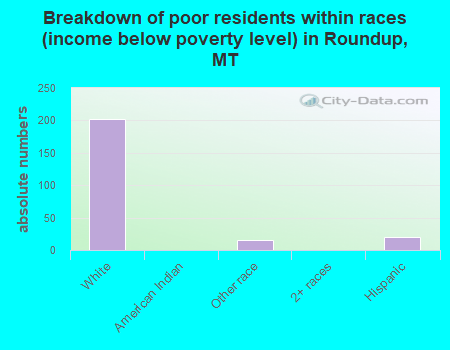 Breakdown of poor residents within races (income below poverty level) in Roundup, MT