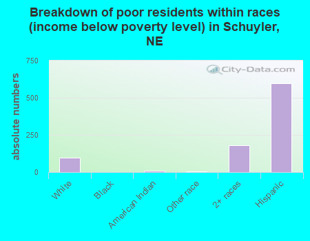 Breakdown of poor residents within races (income below poverty level) in Schuyler, NE