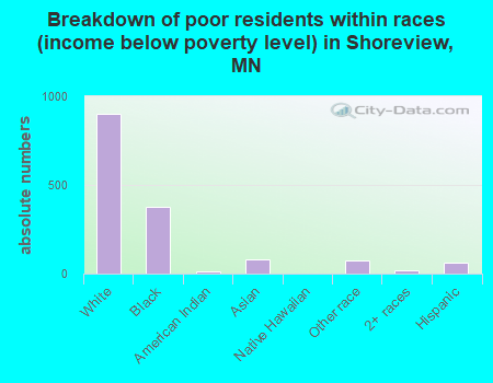 Breakdown of poor residents within races (income below poverty level) in Shoreview, MN