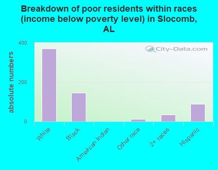 Breakdown of poor residents within races (income below poverty level) in Slocomb, AL